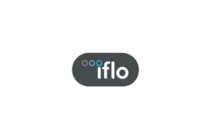 Iflo Logo with black background, white & blue text