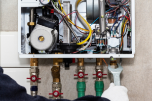 A view of the pipping inside a boiler, providing the heating solutions