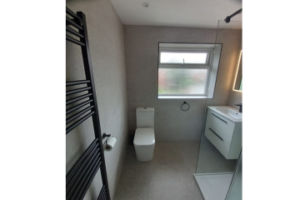 Bathroom modernisation complete with new free standing sink, toilet and shower space